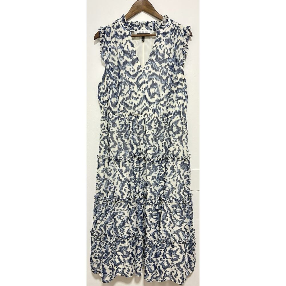 Eloquii Elements Dress Womens 16 Blue Ivory Tiered Ruffle Sleeveless Midi